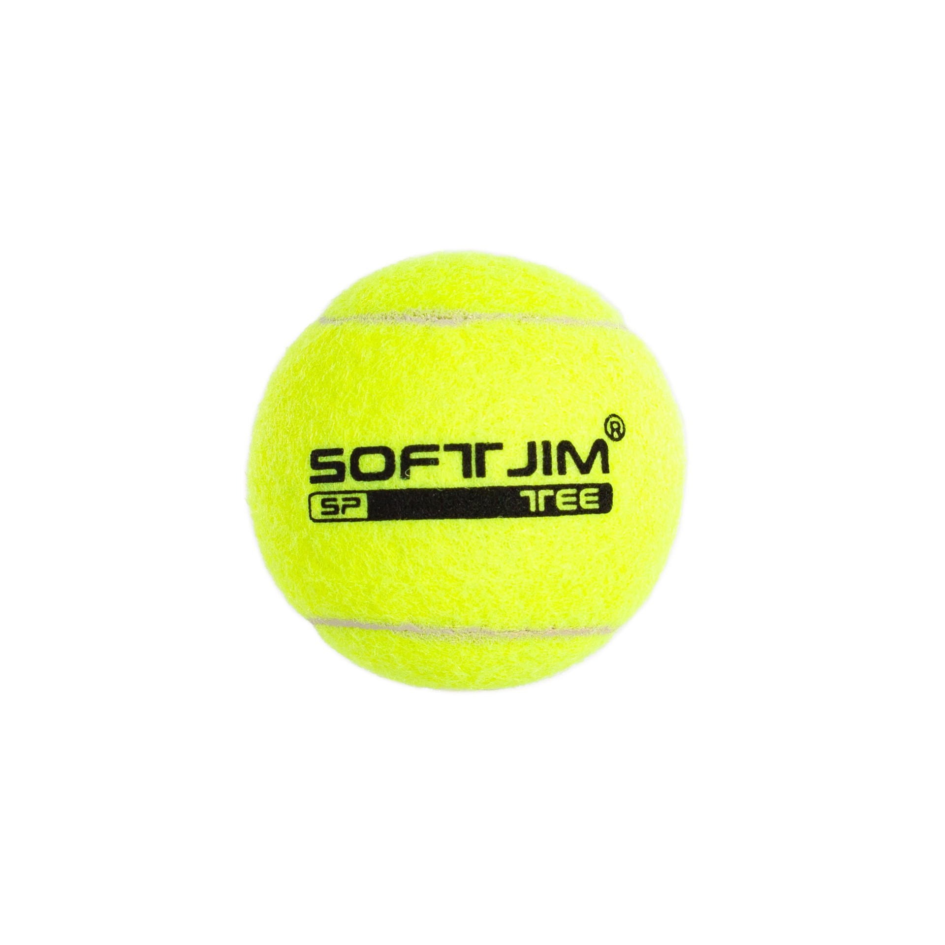 Una pelota de tenis verde con las palabras 'SOFTJIM' y 'SP TREE'.