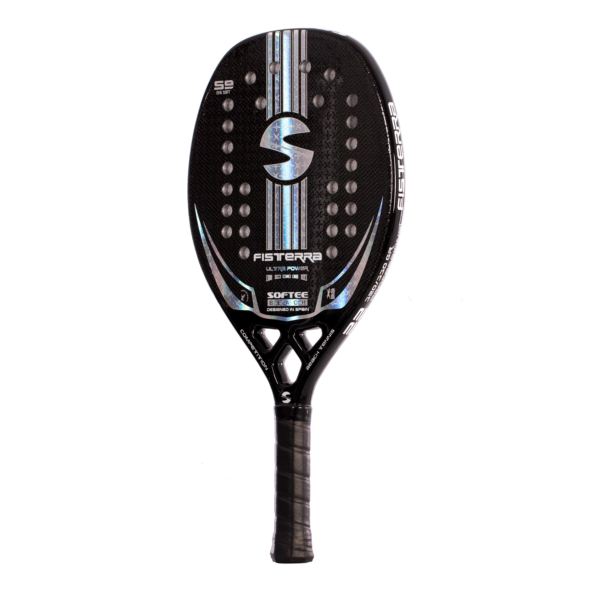 Raqueta de tenis playa negra con detalles plateados, puntos blancos y la marca SOFTEE.