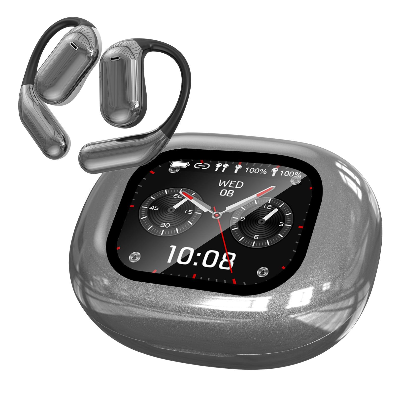 Eine graue Smartwatch mit Ohrhörern mit Ladecase, die Zeit und Akkuladestand anzeigt.