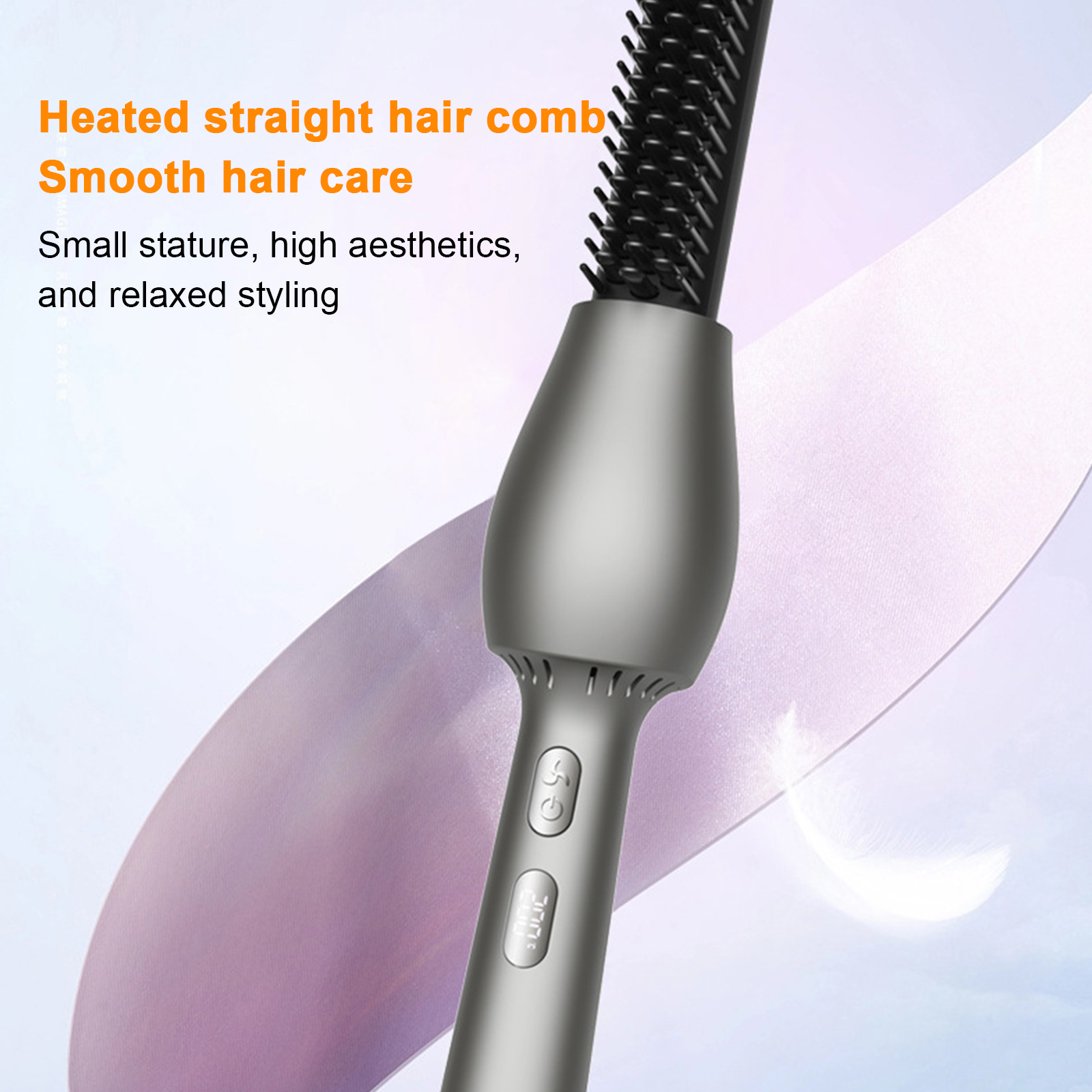 Beheizter Haarglättungskamm mit grauem Griff. Er zeigt sanfte Haarpflege und entspanntes Styling.