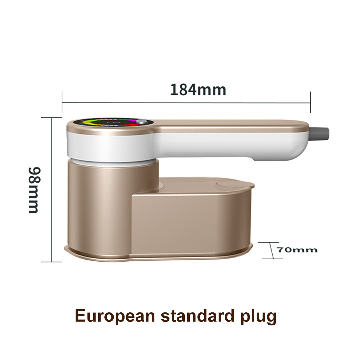 Ein gold-weißes tragbares Kleidungsdampfgerät mit Abmessungen und europäischem Standardstecker.
