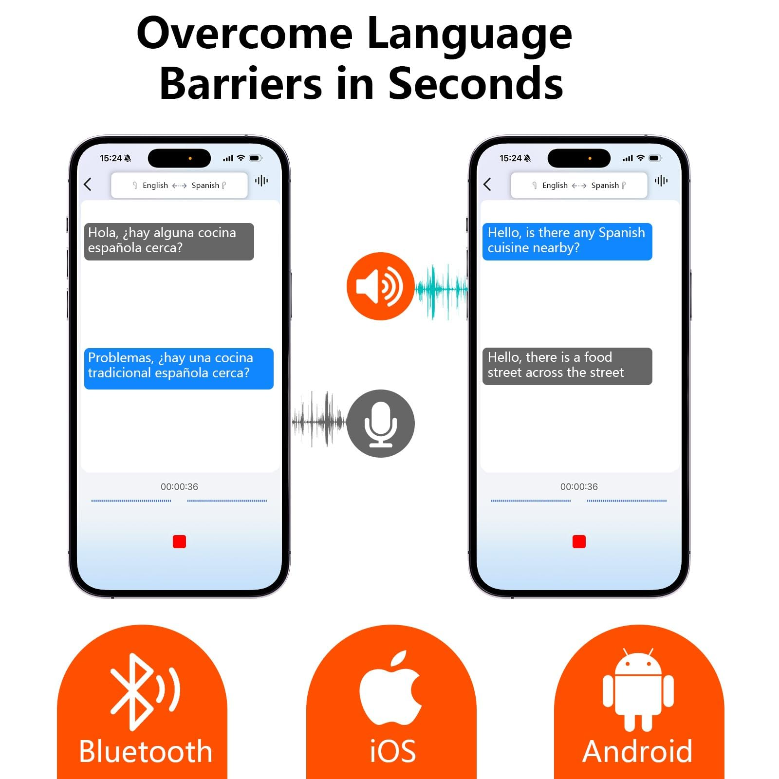 Zwei Telefone zeigen Übersetzungs-App. Symbole für Bluetooth, iOS und Android unten.