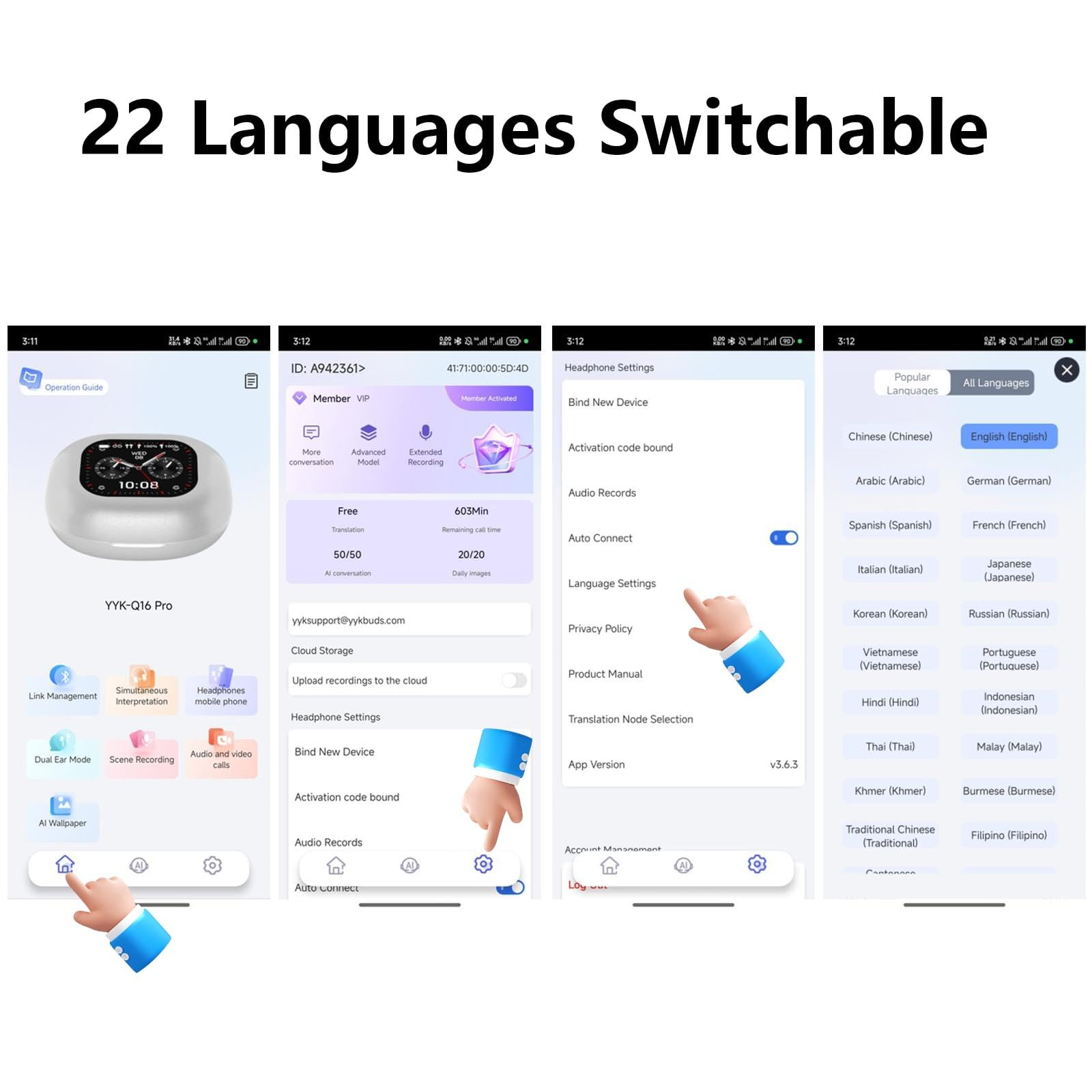 Bildschirme eines Geräts mit Einstellungen, Sprachen und App-Funktionen mit Handgesten.