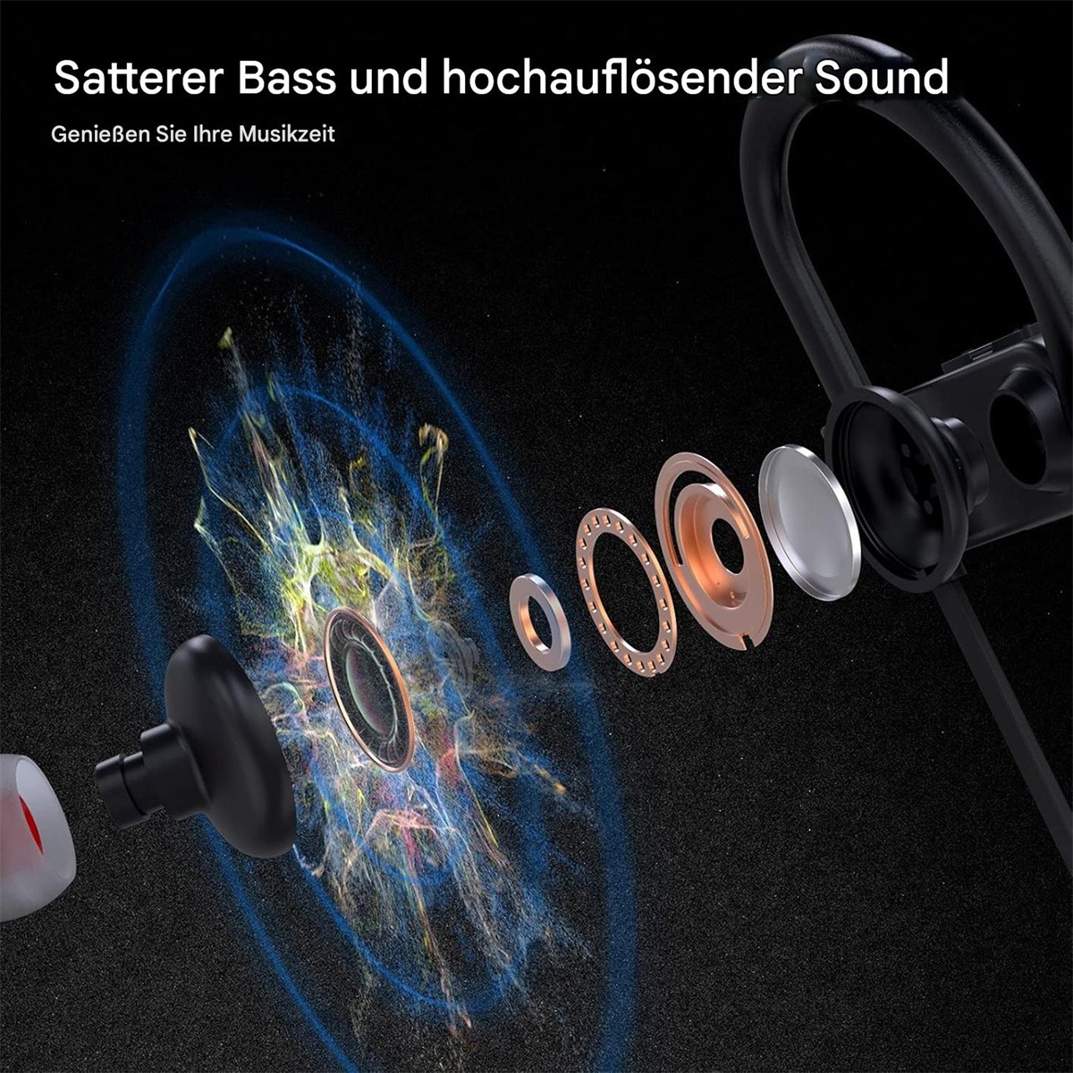 Kopfhörer mit Diagramm der Komponenten und Schallwellen. Sie sind schwarz und silber.