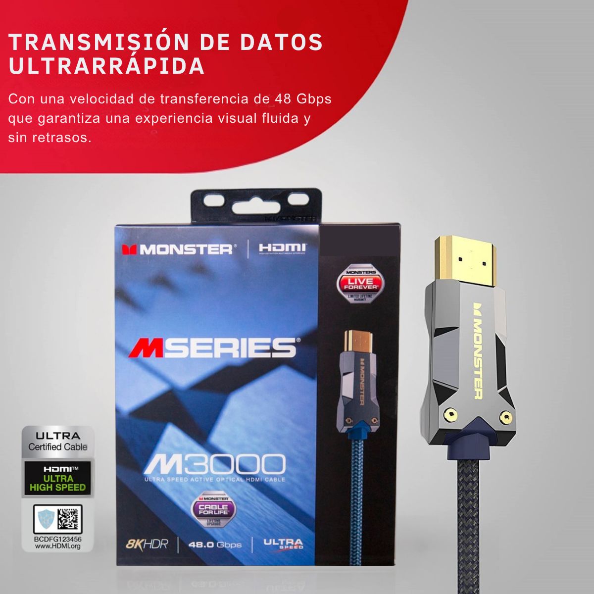 Una scatola del prodotto e un cavo HDMI. La scatola è blu e rossa. Il cavo è nero.