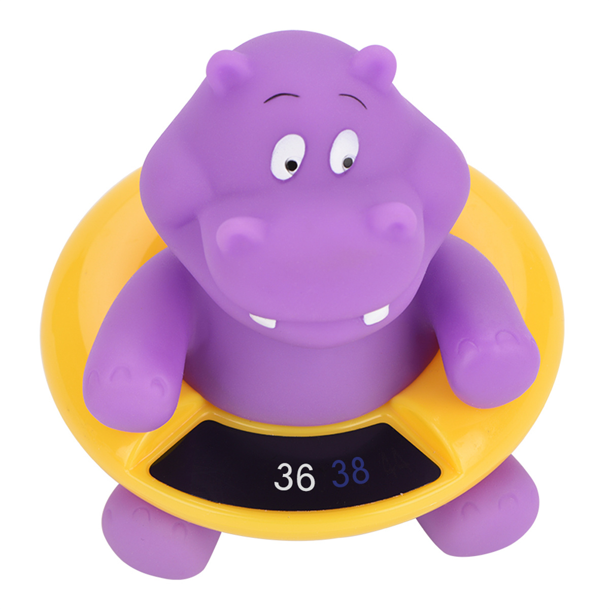 Lila Hippo-Spielzeug in einem gelben Ring mit Temperaturanzeige, auf weißem Hintergrund.