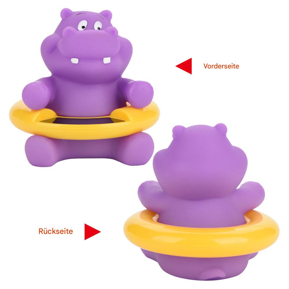 Lila Hippo-Spielzeug in einem gelben Ring, Vorder- und Rückansicht, auf weißem Hintergrund.