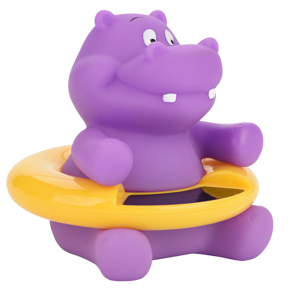 Lila Hippo-Spielzeug in gelbem Ring mit Temperaturanzeige, auf weißem Hintergrund.