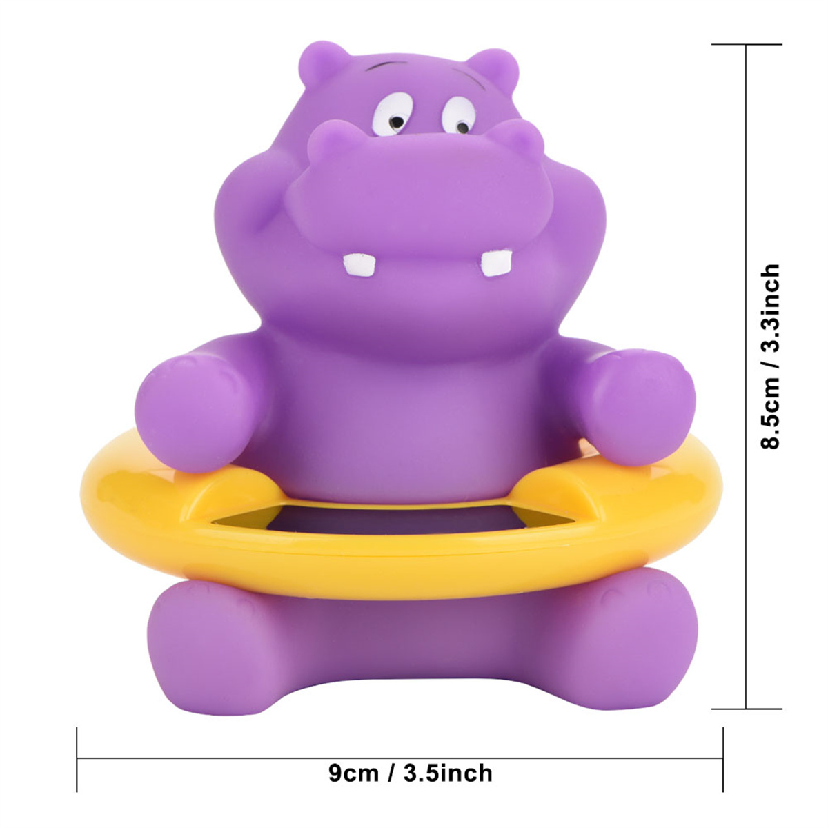 Ein lila Hippo-Spielzeug mit einem gelben aufblasbaren Ring. Abmessungen: 8,5 cm/3,3 Zoll Höhe, 9 cm/3,5 Zoll Breite.