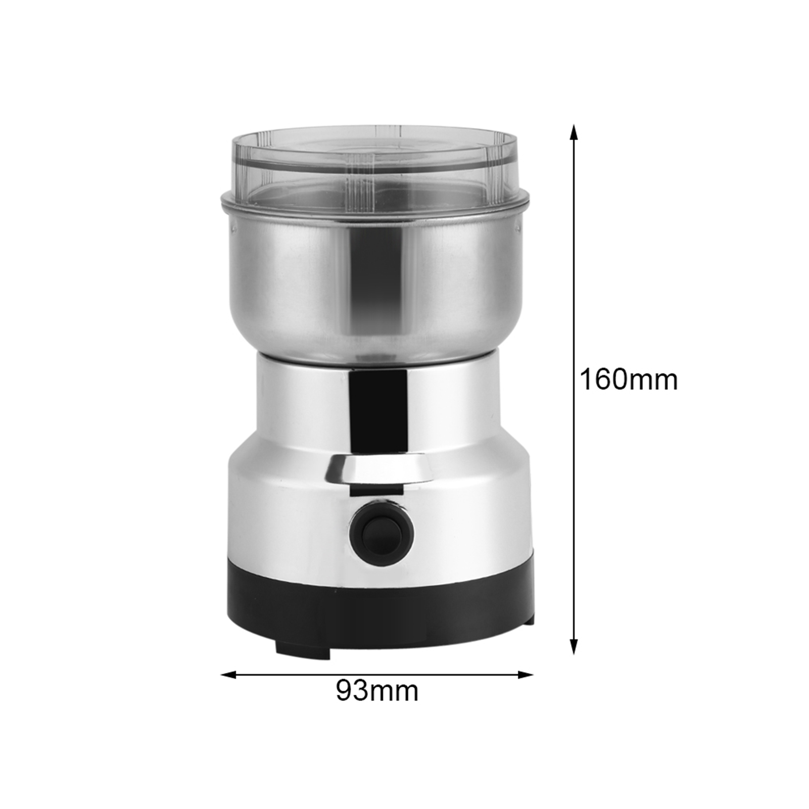 Silber-schwarze elektrische Kaffeemühle. Sie ist 160 mm hoch und 93 mm breit, mit einem schwarzen Knopf an der Vorderseite.