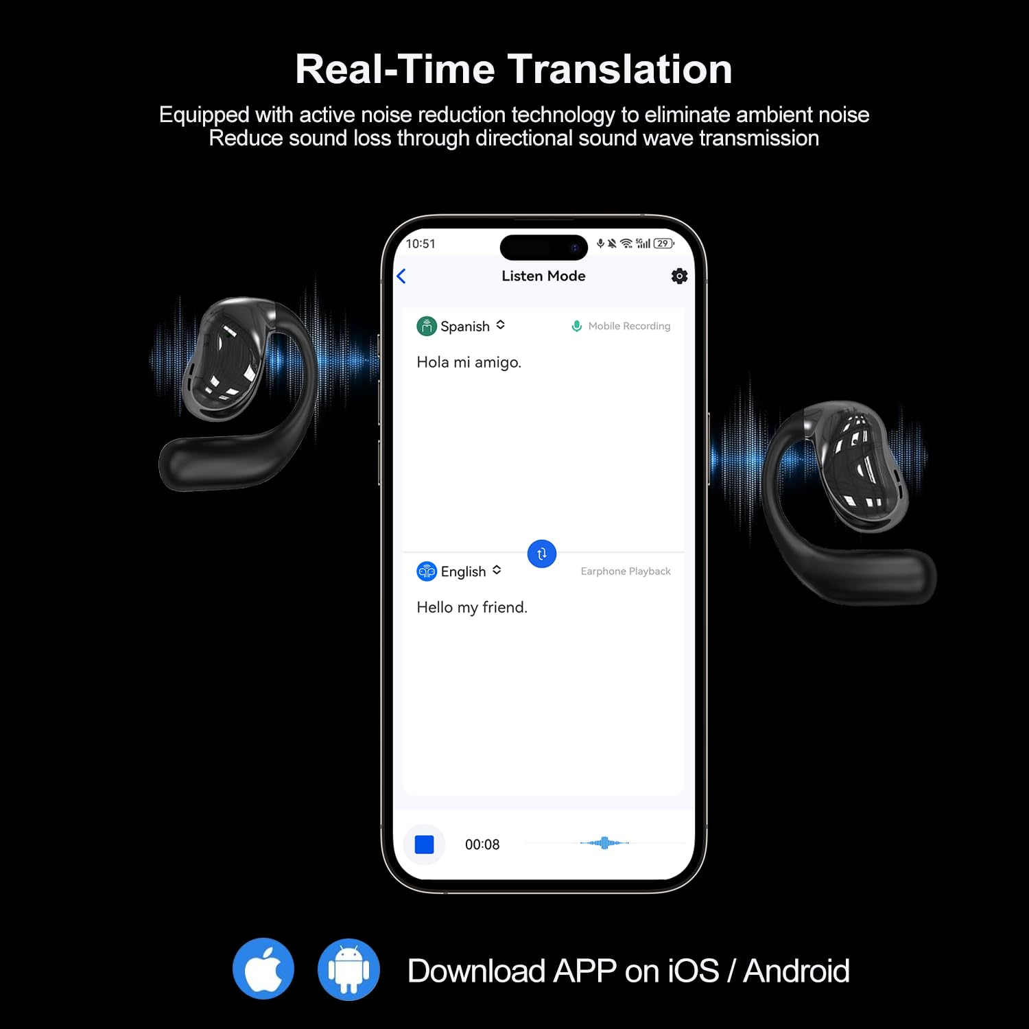Ohrhörer und ein Smartphone, das eine Echtzeit-Übersetzungs-App zeigt. Die App übersetzt Spanisch ins Englische, mit Textblasen.