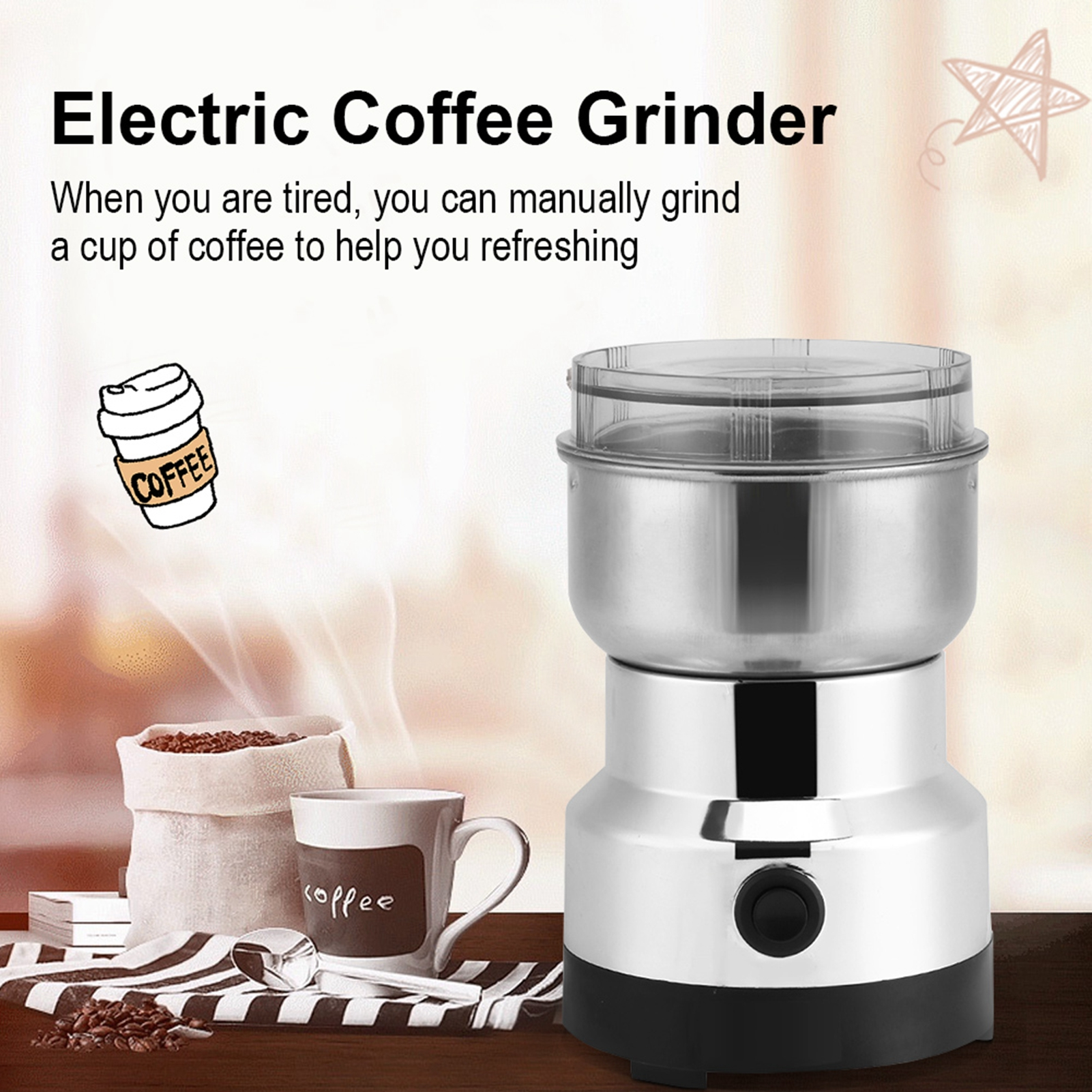 Elektrische Kaffeemühle mit Kaffeebohnen, einer Kaffeetasse und einem Löffel. Die Mühle ist silber und schwarz.