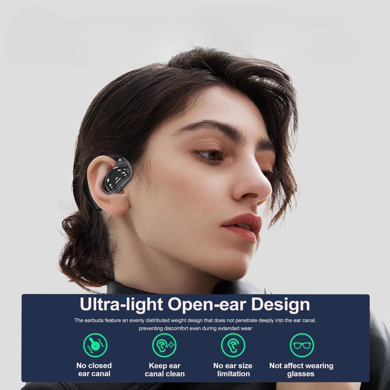 Eine Frau mit schwarzen Ohrhörern. Text: Ultraleichtes Open-Ear-Design. Merkmale sind unter dem Bild aufgeführt.