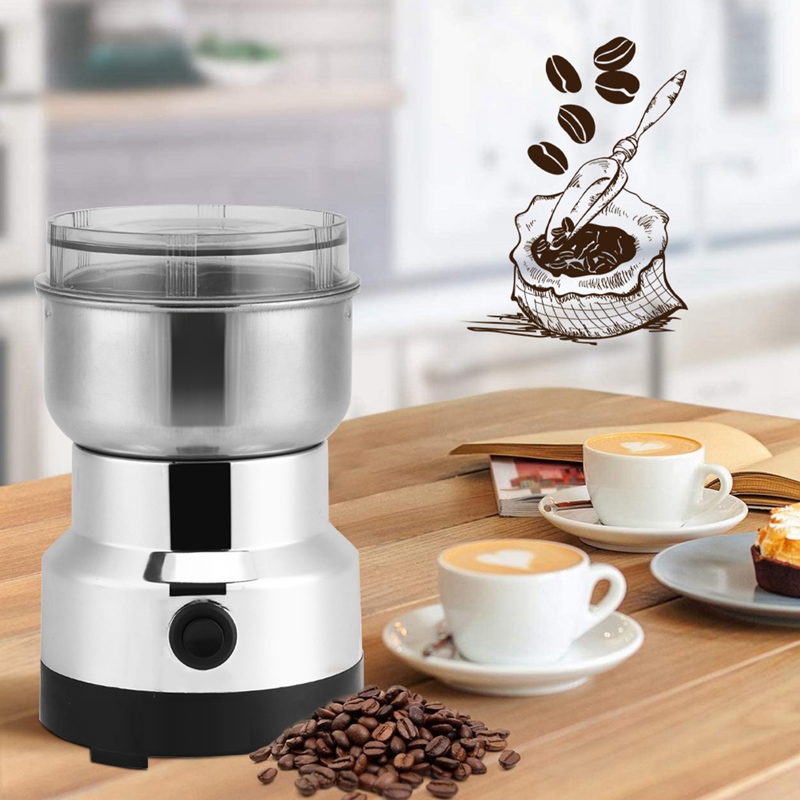 Kaffeemühle mit Kaffeebohnen und Tassen. Der Hintergrund ist ein verschwommener Tisch und Kaffee-Kunst.
