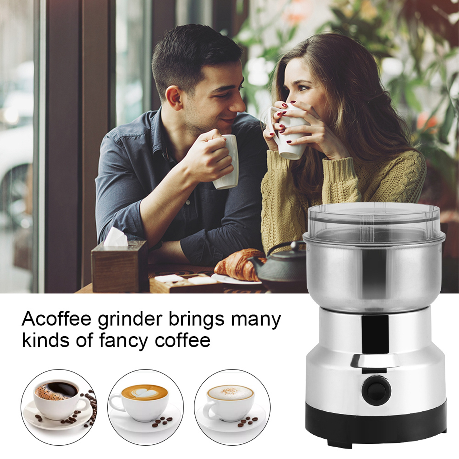 Ein Paar sitzt an einem Tisch, mit einer Kaffeemühle und drei Tassen Kaffee. Text: Eine Kaffeemühle bringt viele Kaffeesorten.