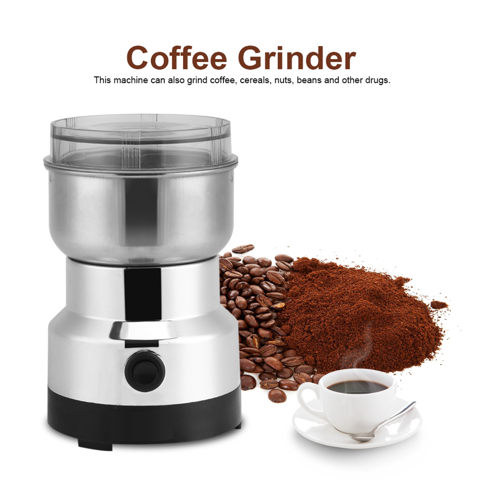 Kaffeemühle mit Kaffee und gemahlenem Kaffee. Eine Tasse Kaffee und Bohnen sind im Vordergrund.
