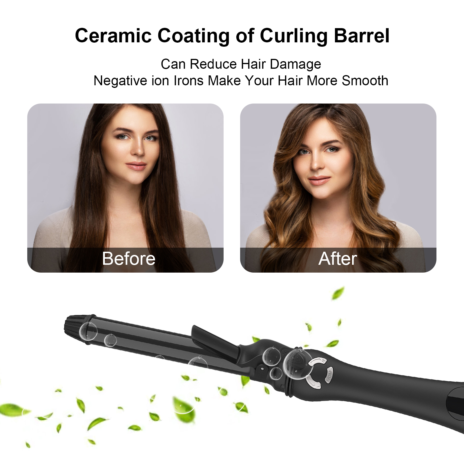 Bild zeigt Haare vor und nach dem Locken mit einem Lockenstab.
