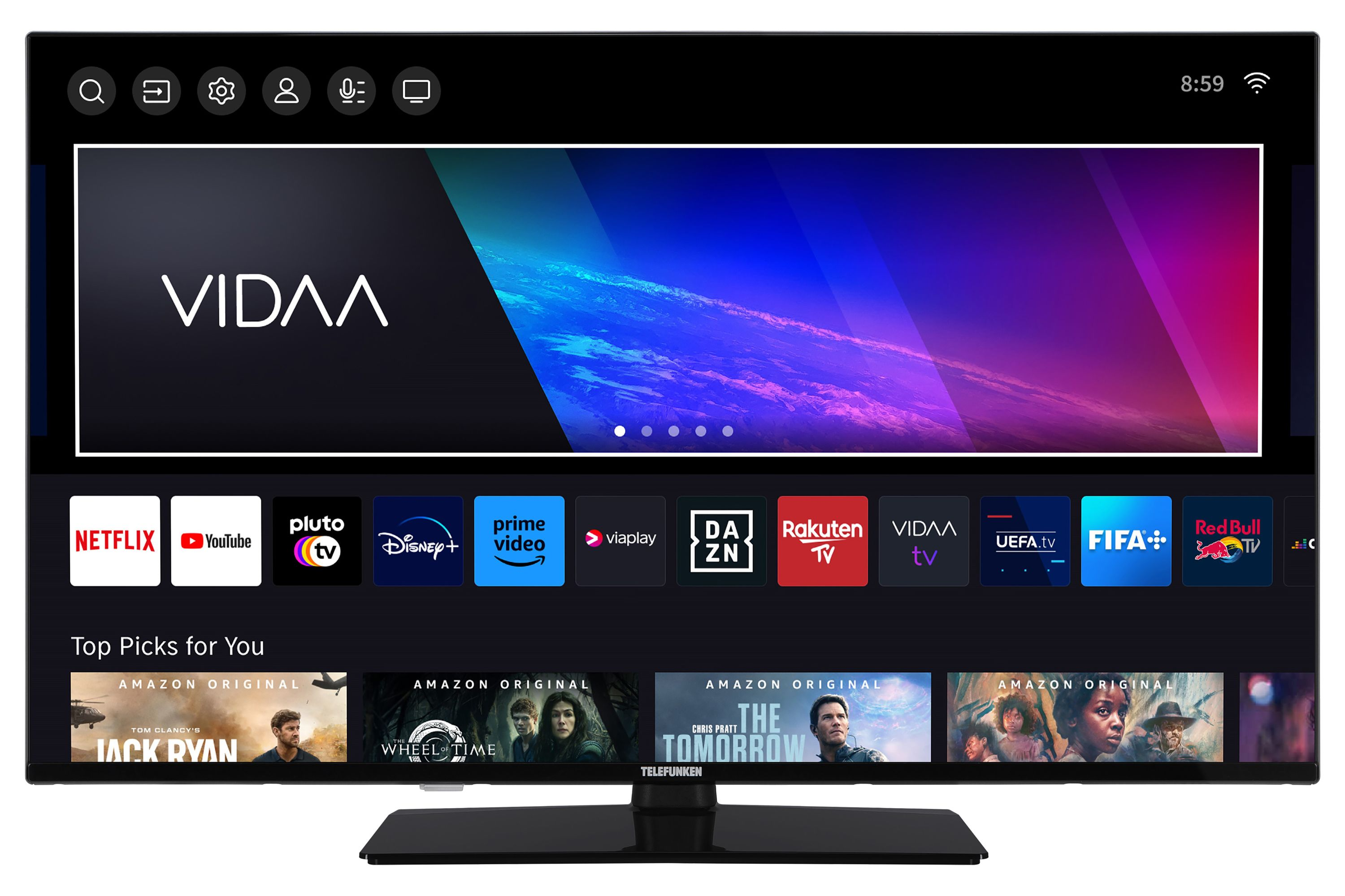 Moderner Telefunken Fernseher mit Vidaa Oberfläche und App-Symbolen.