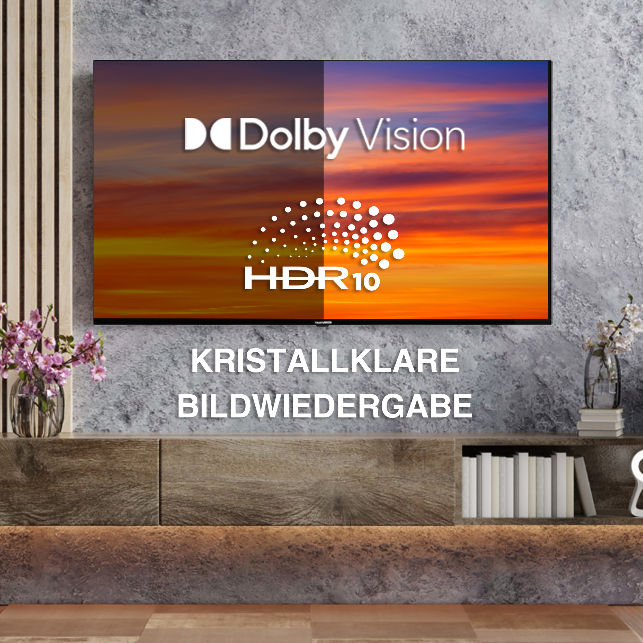Ein Fernseher zeigt Dolby Vision- und HDR10-Logos über einem Holzschrank. Der Text lautet: „KRISTALLKLARE BILDWIEDERGABE“.
