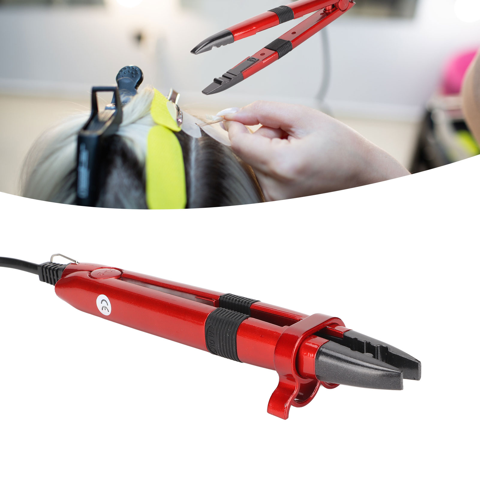 Haarverlängerungswerkzeuge: Ein rotes Haarverlängerungseisen und eine Zange, mit verschwommenem Haarhintergrund.