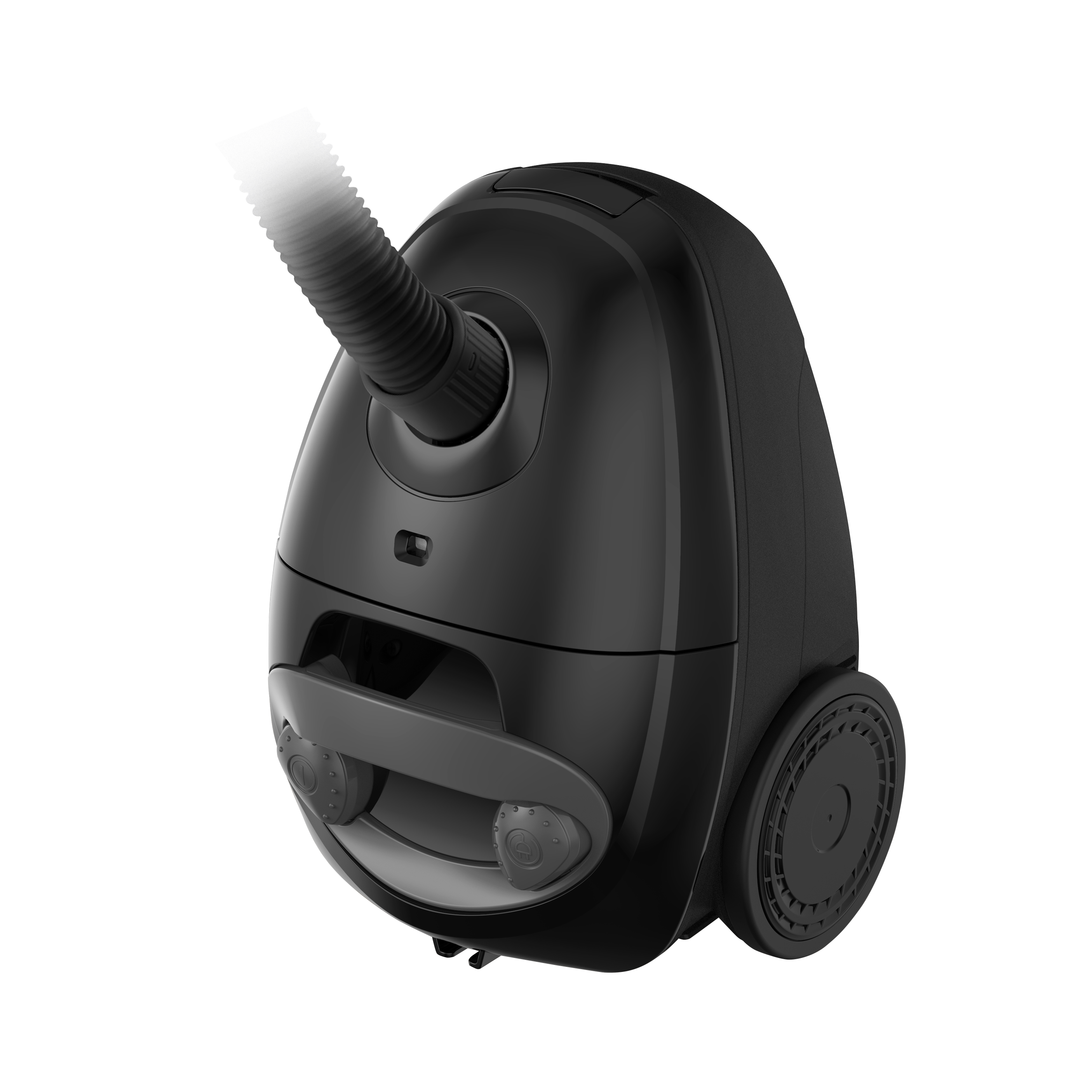 Schwarzer Staubsauger, Schlauch verlängert, auf schwarzem Hintergrund.