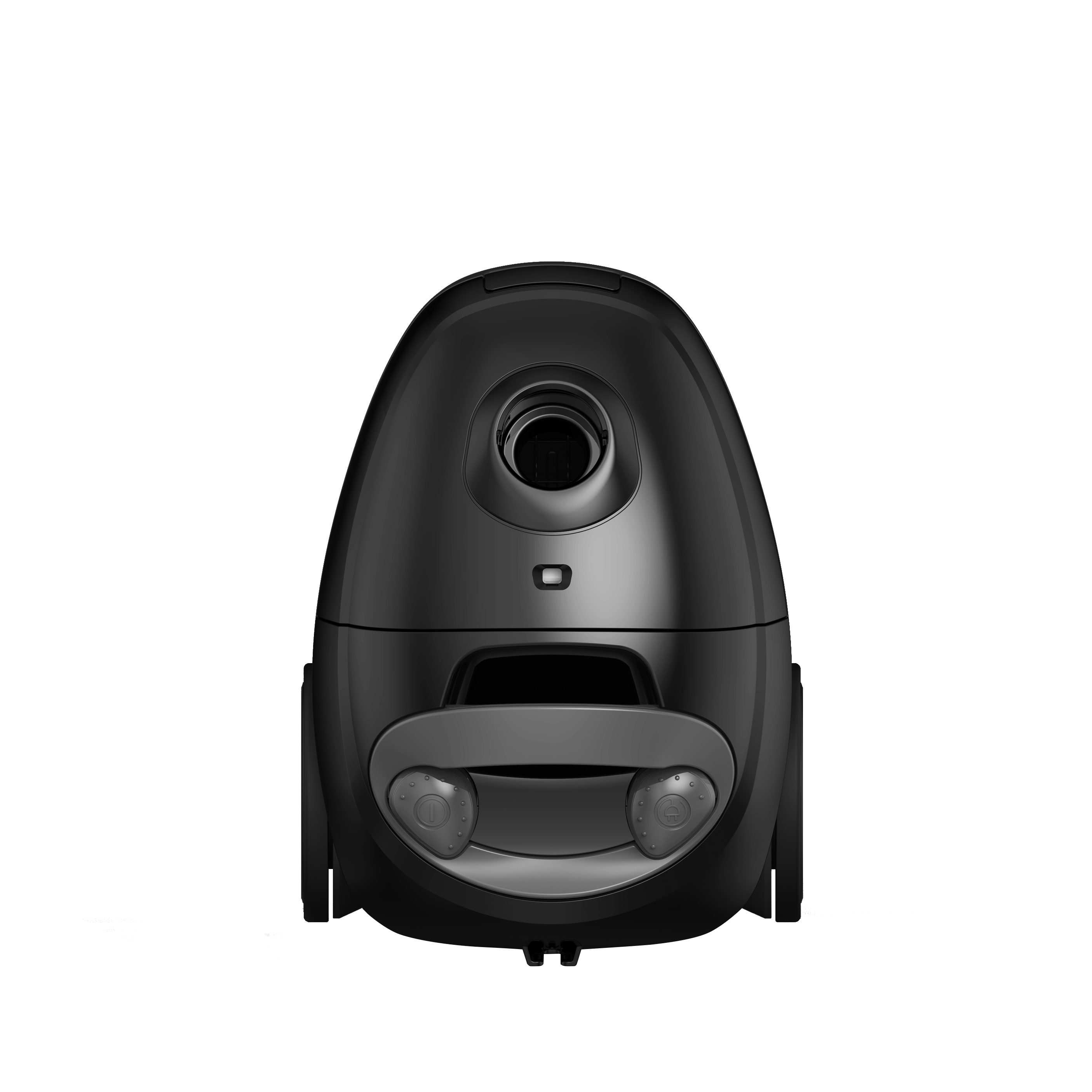 Ein schwarzer Staubsauger mit Schlauch, vor schwarzem Hintergrund. Er hat eine abgerundete Form.