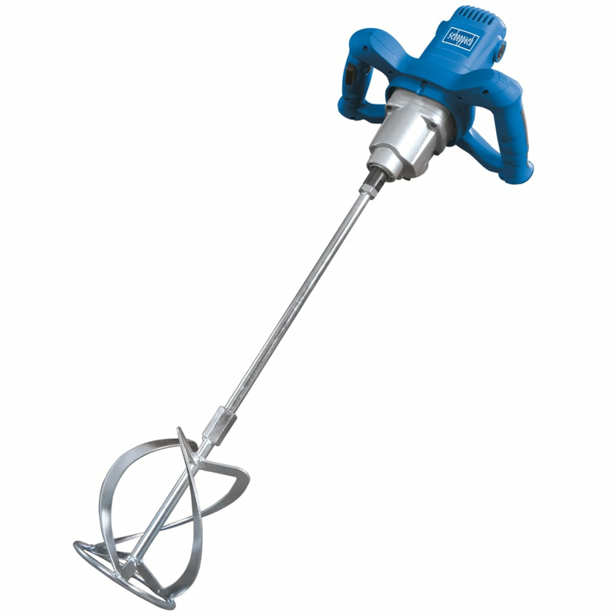 Un miscelatore elettrico blu e argento con un lungo albero e una testa di miscelazione. Lo sfondo è bianco.