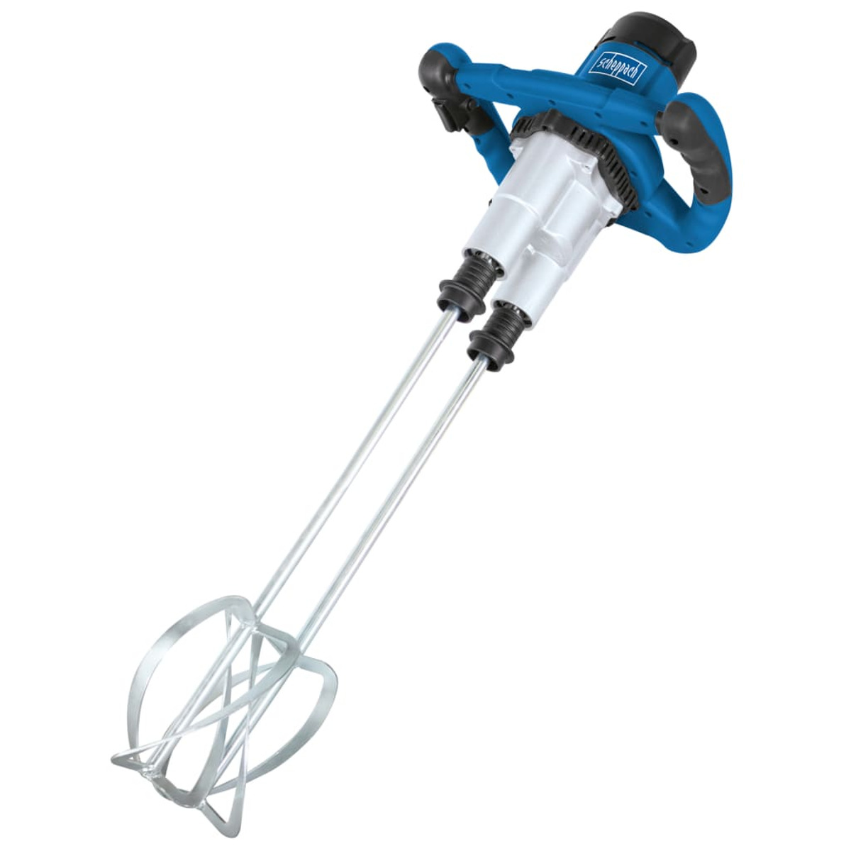 Miscelatore blu e argento con doppie lame. Sfondo bianco.