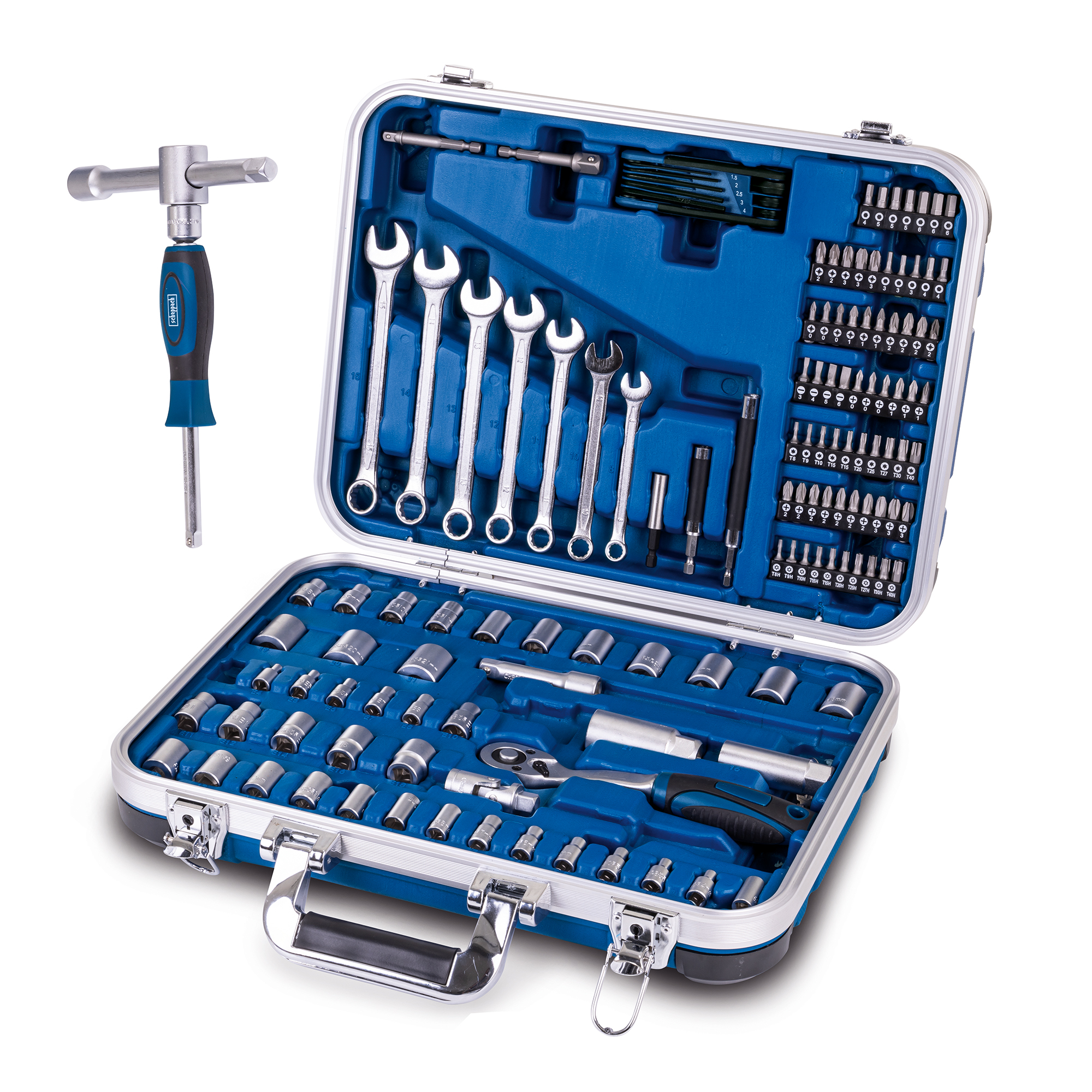 Tool case with tools. A separate tool is on the left. The case contains sockets, wrenches and other tools.