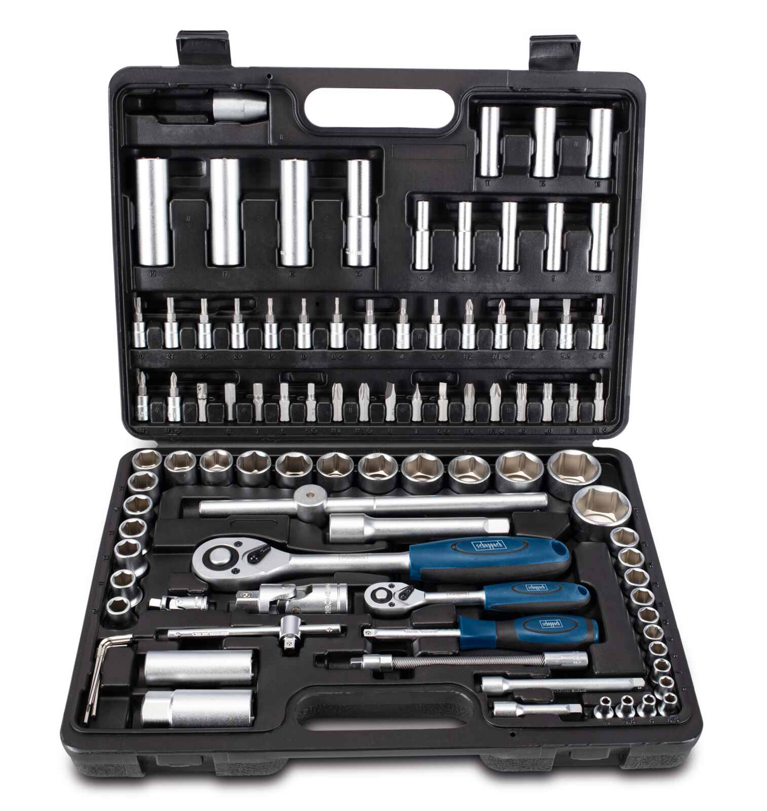 Tool set with various sockets, wrenches, and bits in a black case with a blue handle.