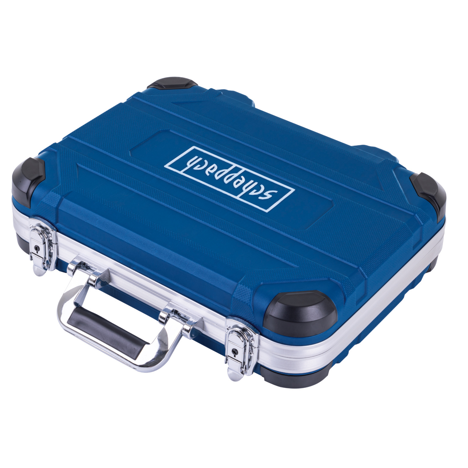 A closed blue tool case with a silver handle and latches. The brand name is visible on the case.