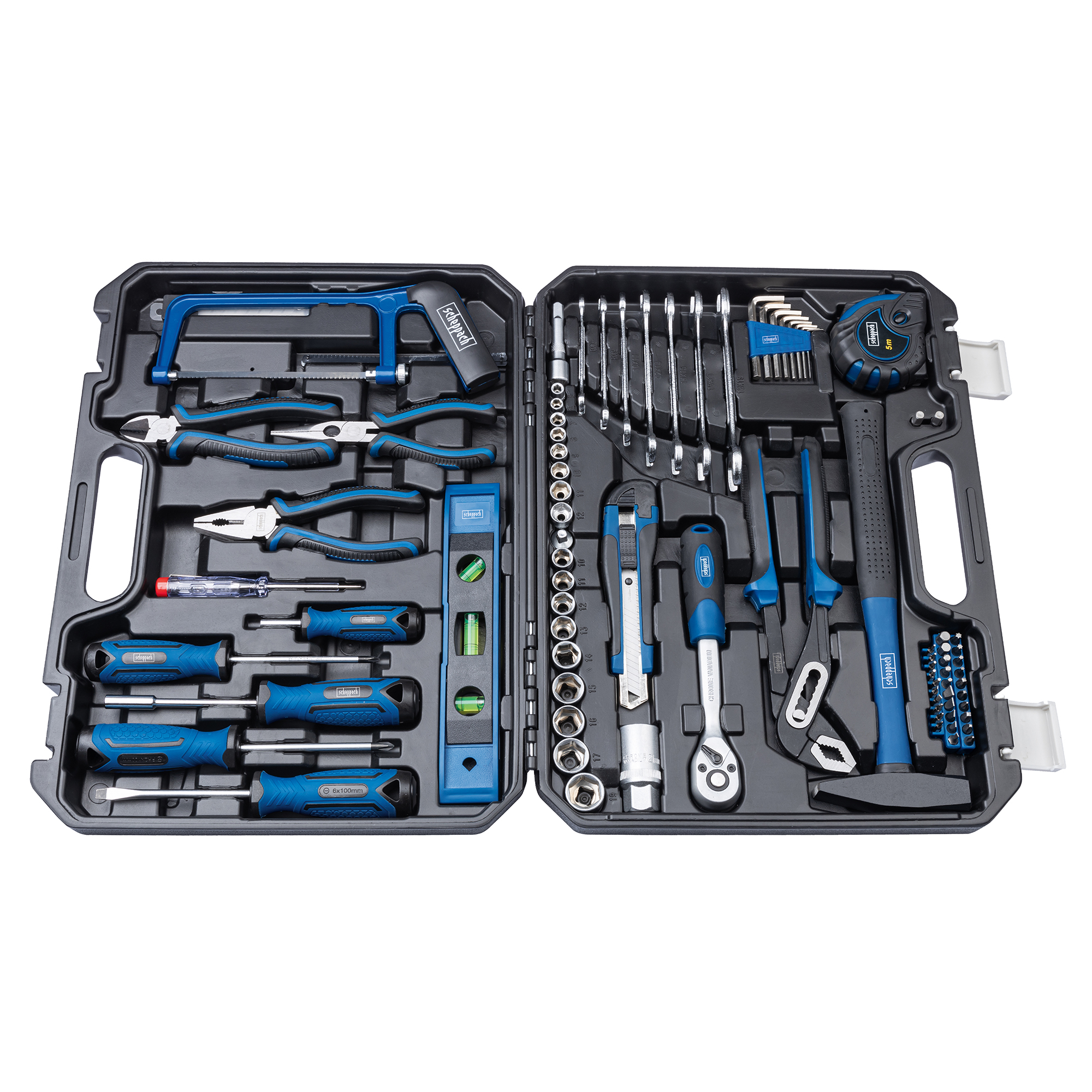 Open toolbox with tools: pliers, screwdrivers, a saw and more.