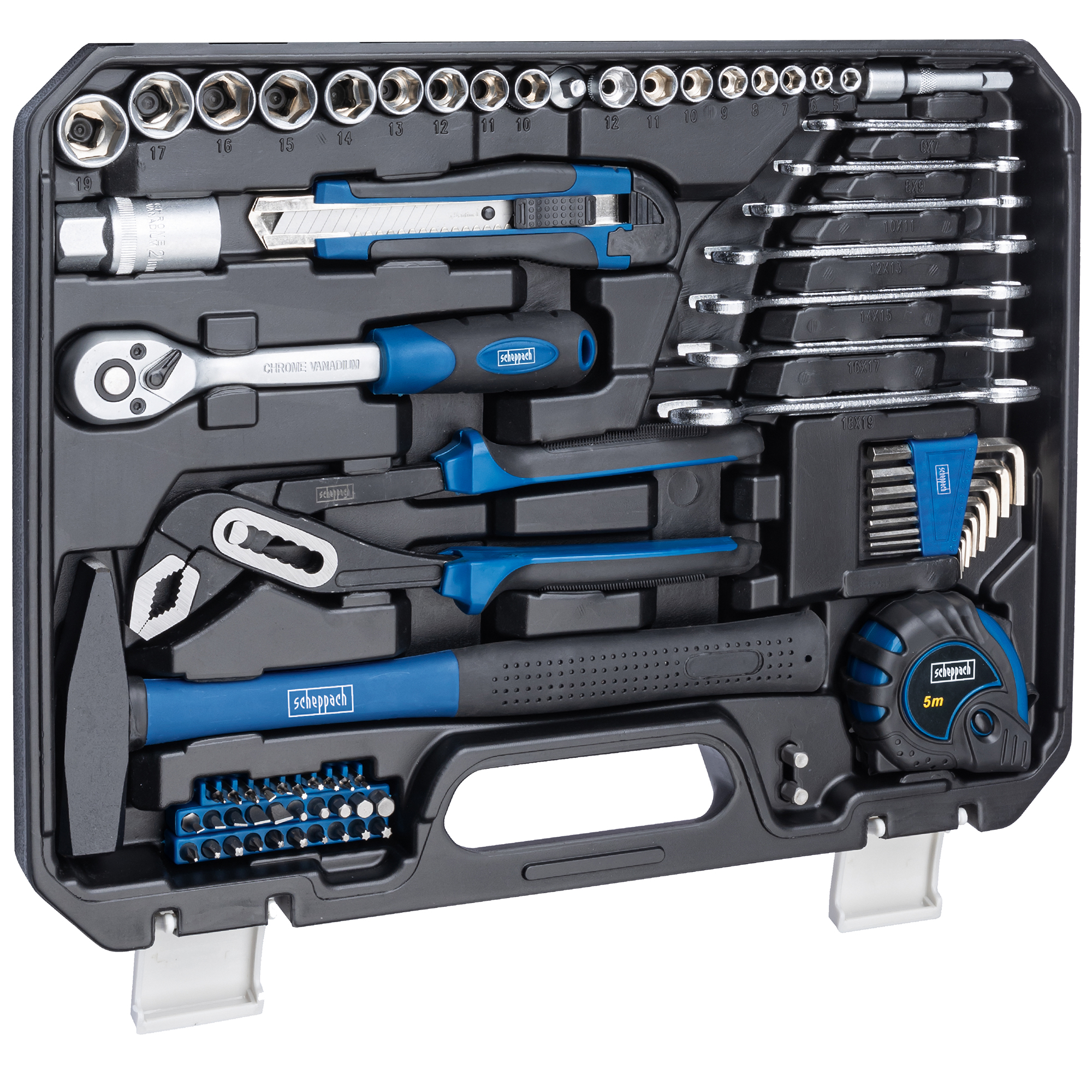 Tool set in a black case, containing various tools like wrenches and sockets. Blue and silver accents are visible.