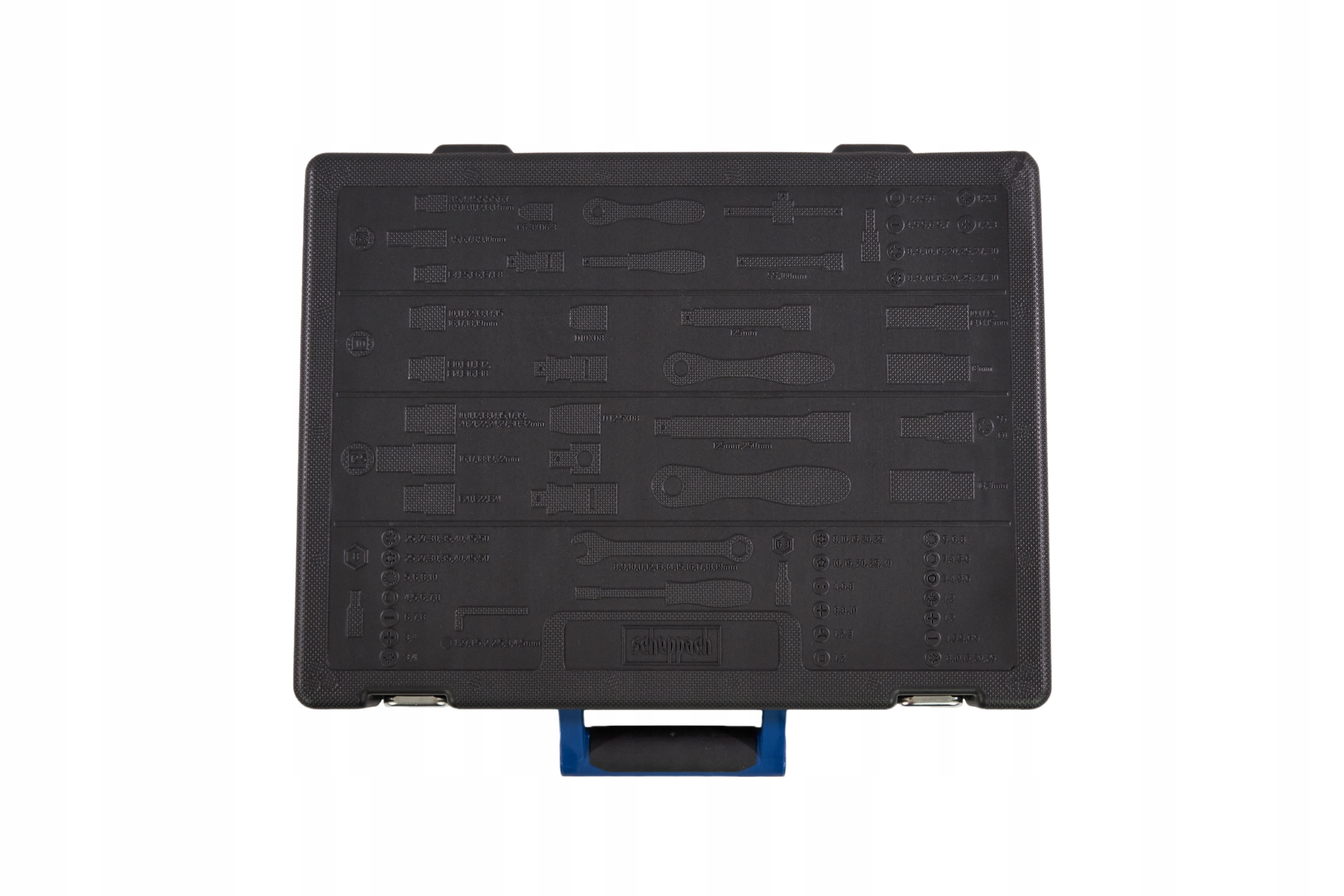 Czarna walizka na narzędzia z wieloma przegrodami. Narzędzia są ułożone w środku.