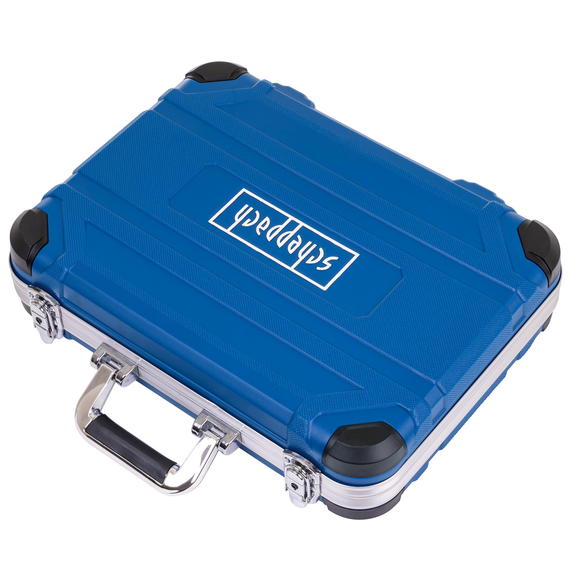 A closed blue tool case with silver accents and handle. The brand name is visible.