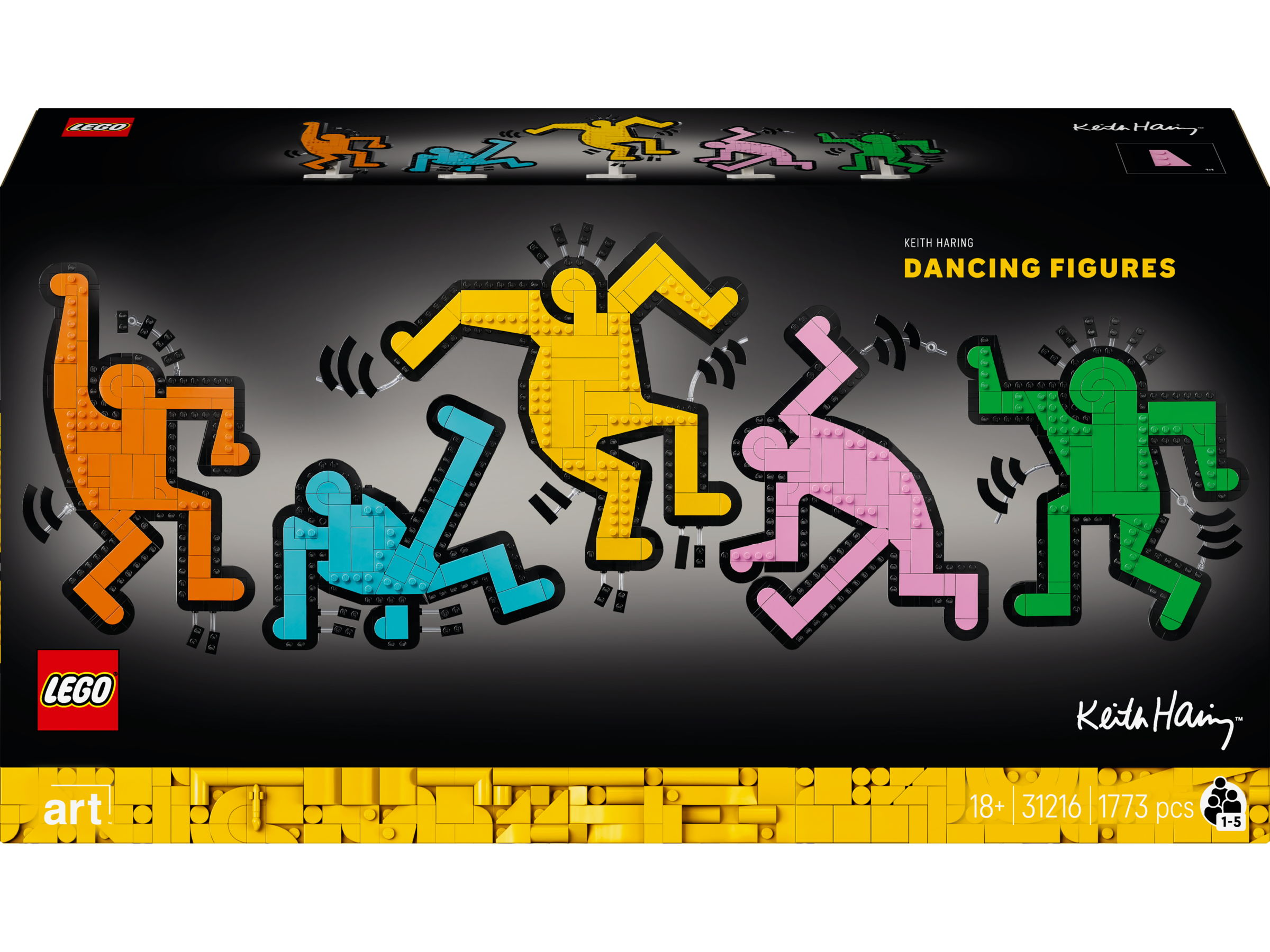 Pudełko Lego z kolorowymi tańczącymi figurkami. Tytuł: Keith Haring Dancing Figures. Czarne tło.