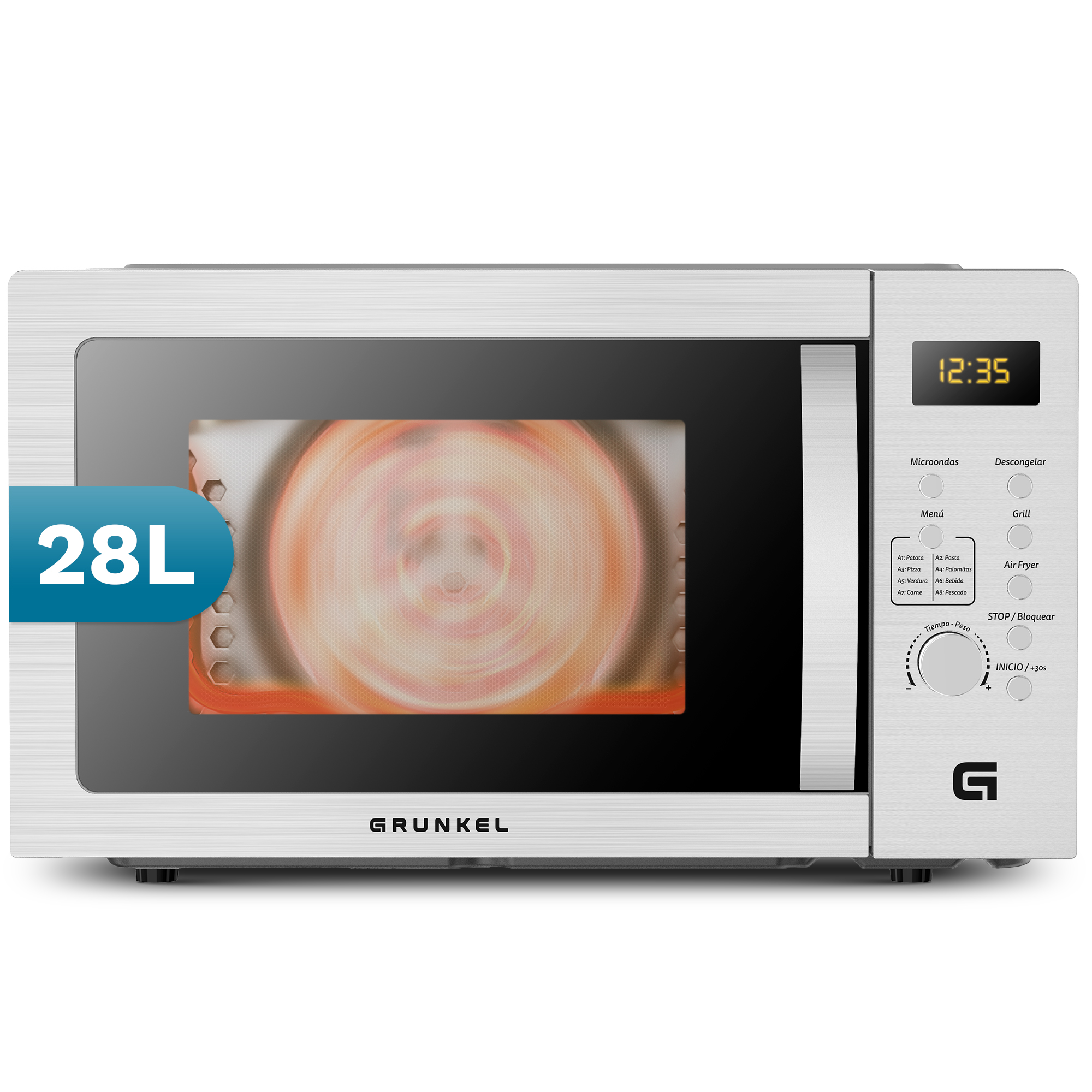 Un forno a microonde bianco e argento con un display digitale che mostra le 12:35.