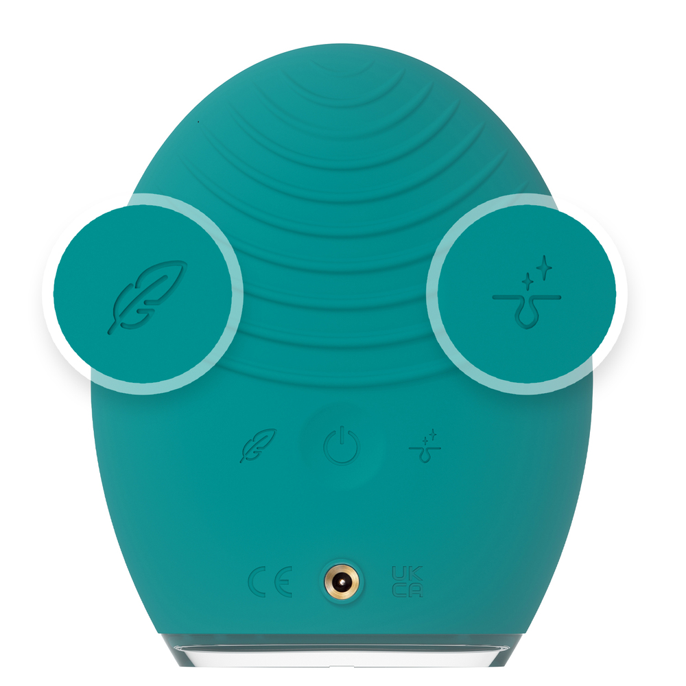 Teal-kleurig apparaat met twee cirkels. Eén cirkel heeft een veerpictogram, de andere een huidpictogram.
