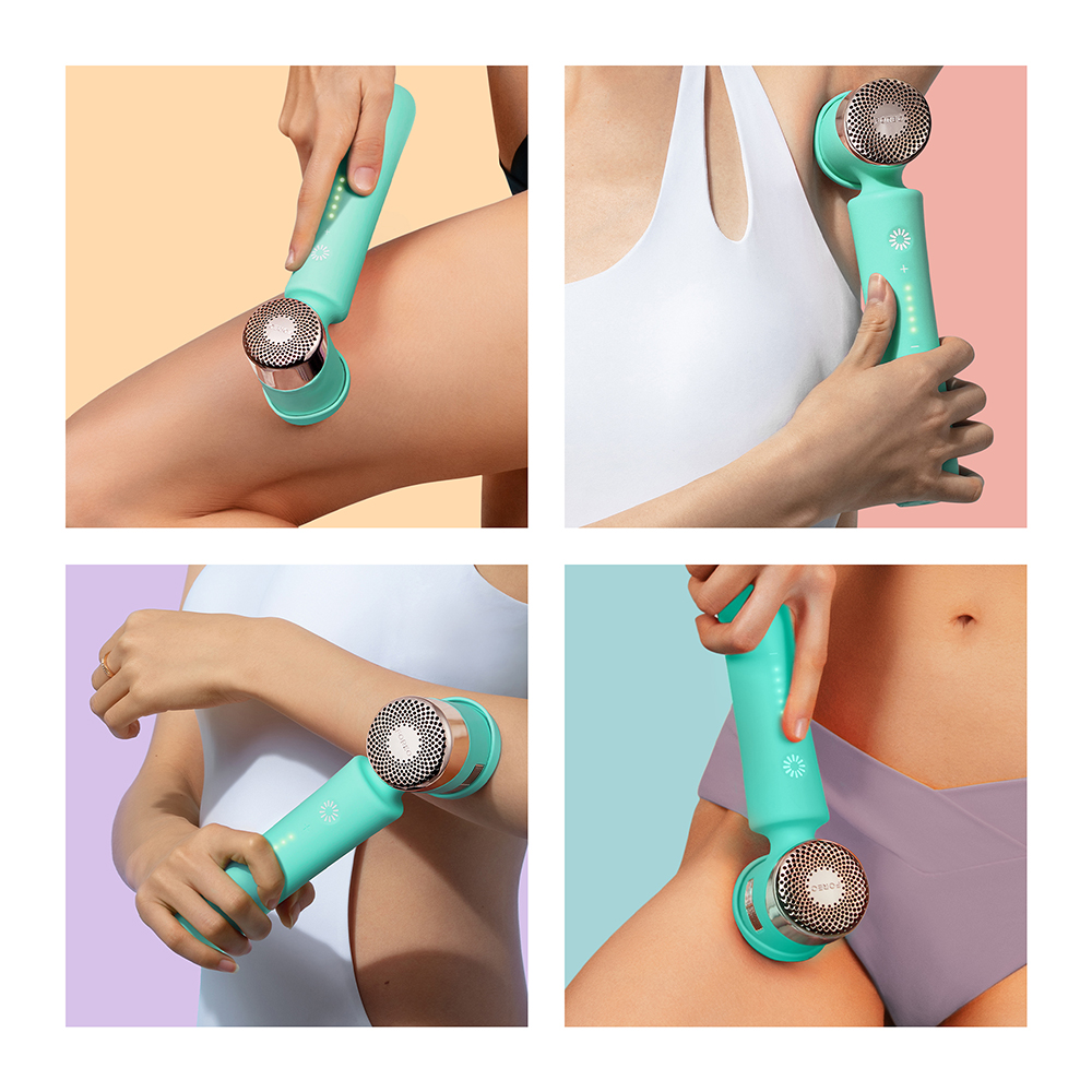 Quatre images montrent un appareil turquoise utilisé sur différentes parties du corps pour le traitement de la peau.