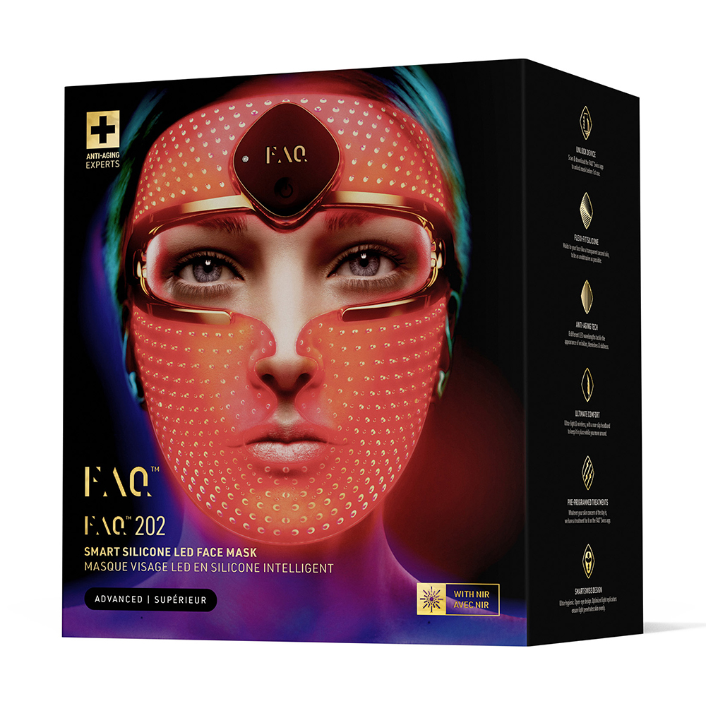 Box with face mask on it. The mask is red. Text on the box says the mask is smart and has anti-aging properties.