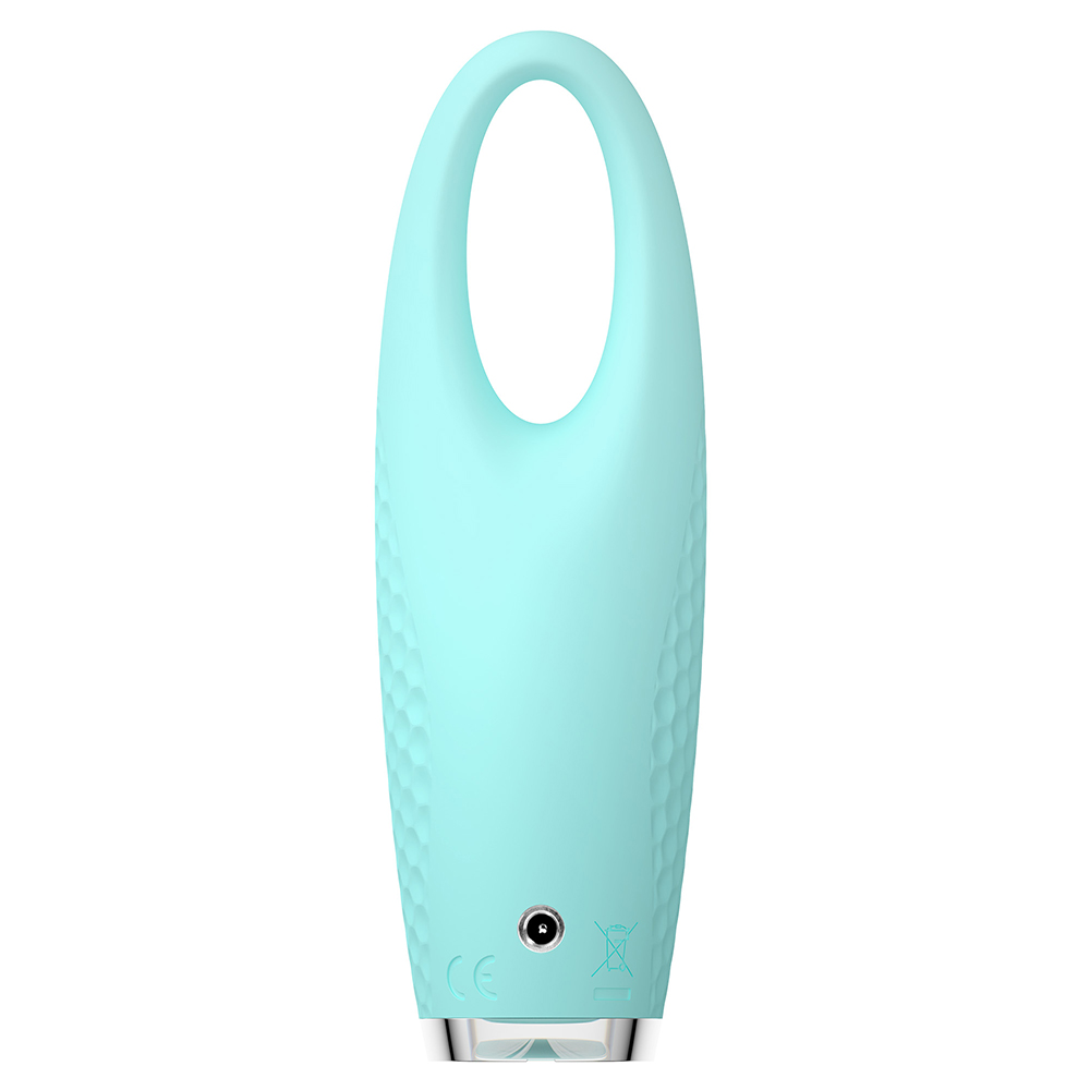 Turquoise colored device with a loop handle and a charging port.
