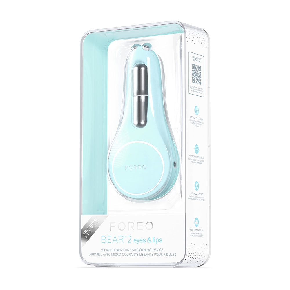 FOREO Bear 2 & Lips in clear case, with text and diagrams.