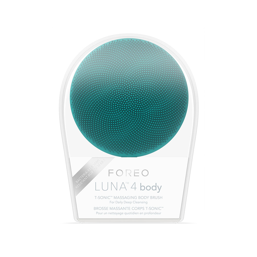 FOREO Luna 4 Body in verpakking, met een zeegroen oppervlak.