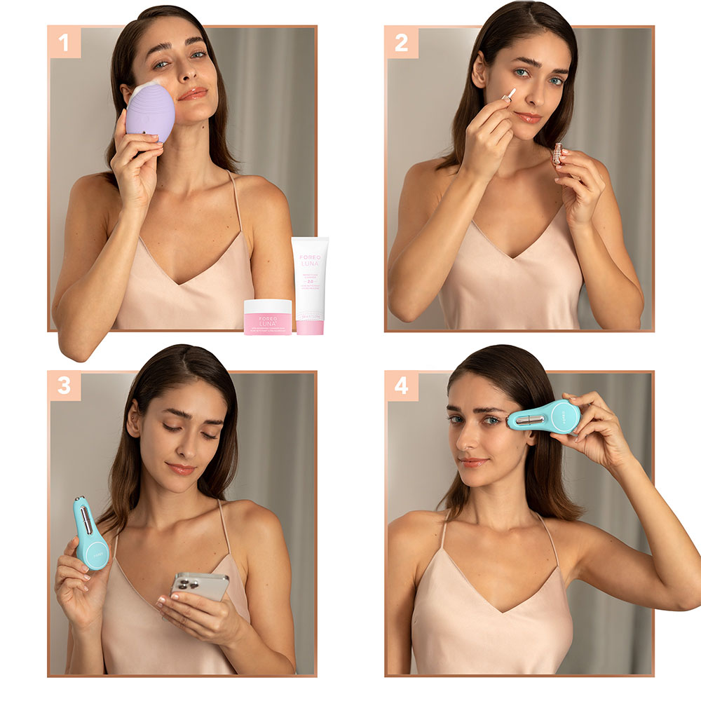 Four images showing a woman using skincare products and Foreo devices on her face.
