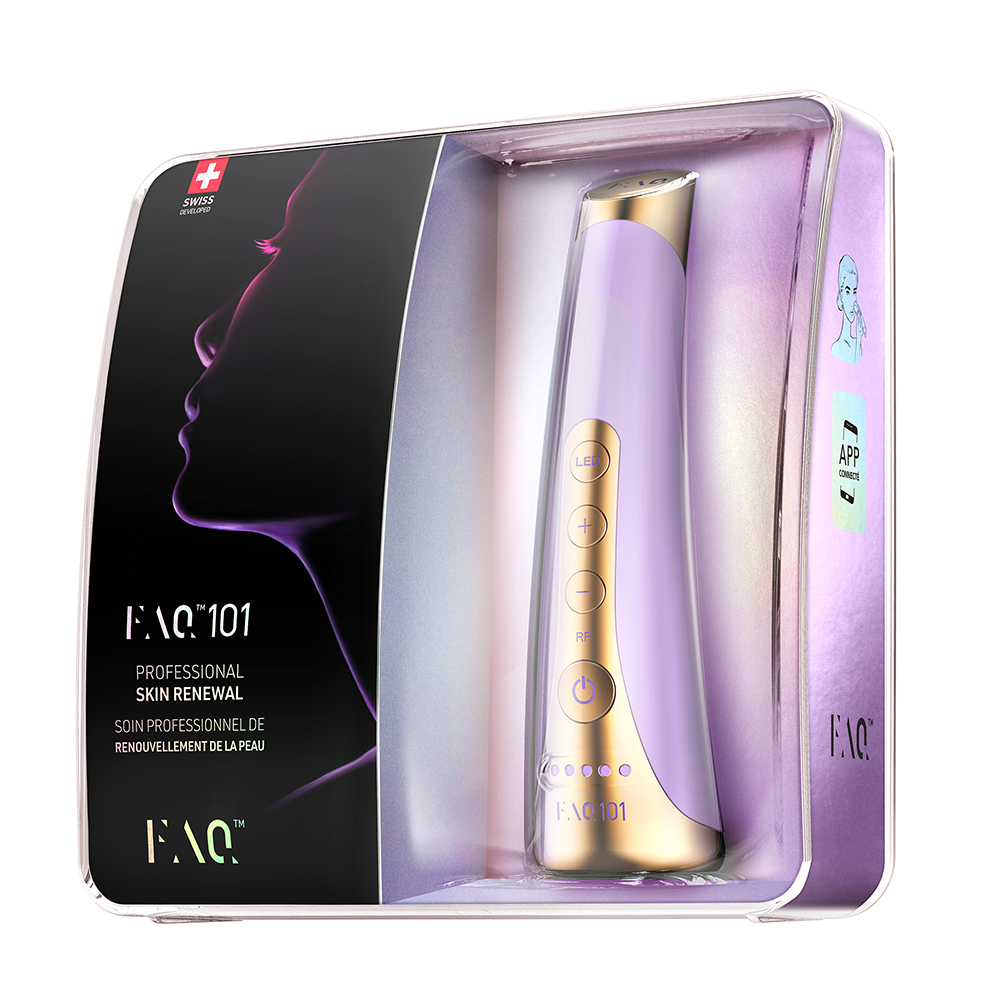 A boxed FAQ 101 device, showing the device and packaging, with a woman's face on the side.