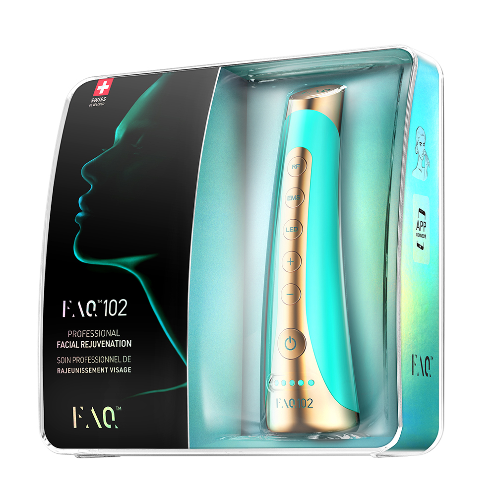 A boxed FAQ 102 device, showing the device and packaging, with a woman's face on the side.