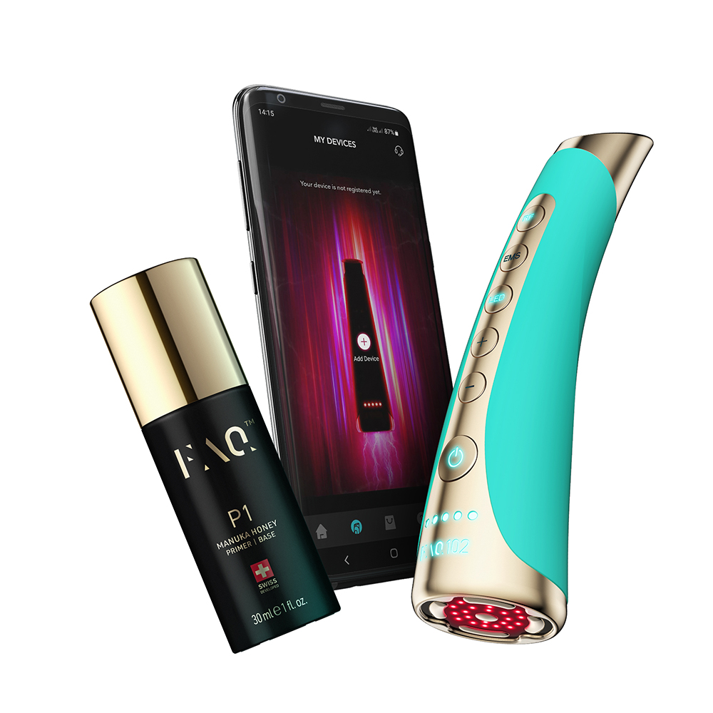 A smartphone, a teal and gold device, and a black serum bottle on a white background. The phone displays app.