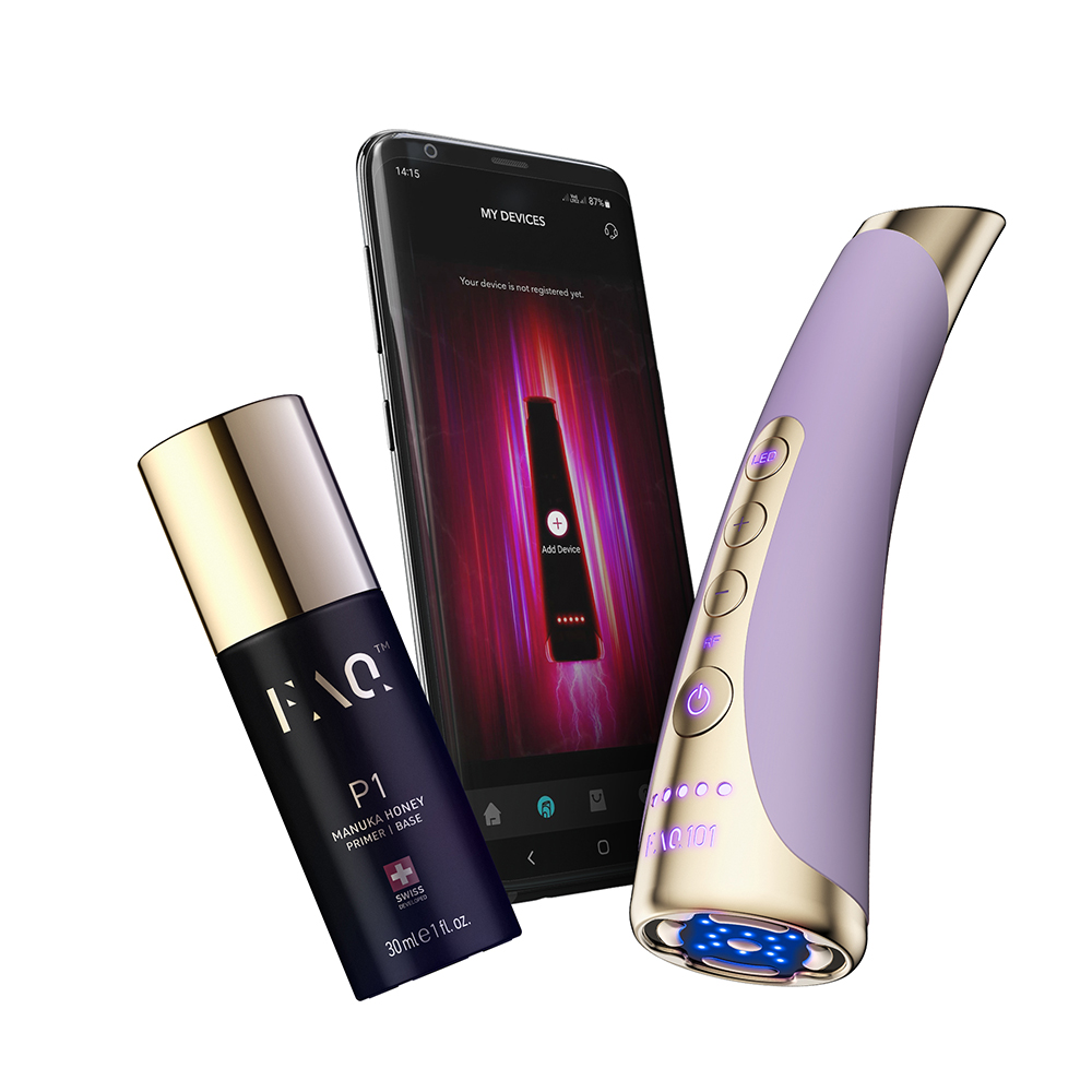 A smartphone, a purple and gold device, and a black serum bottle on a white background. Phone displaying app.