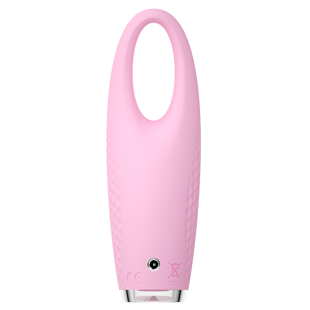 Roze Foreo-apparaat met lusgreep, met oplaadpoort, op een witte achtergrond.