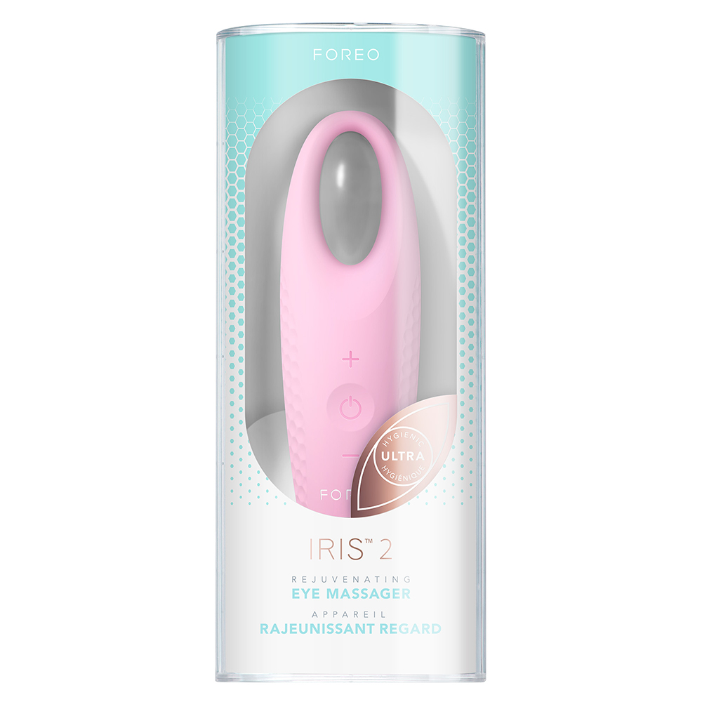 Roze oogmassager in een doorzichtige tube met tekst, waaronder 'IRIS 2', op een witte achtergrond.
